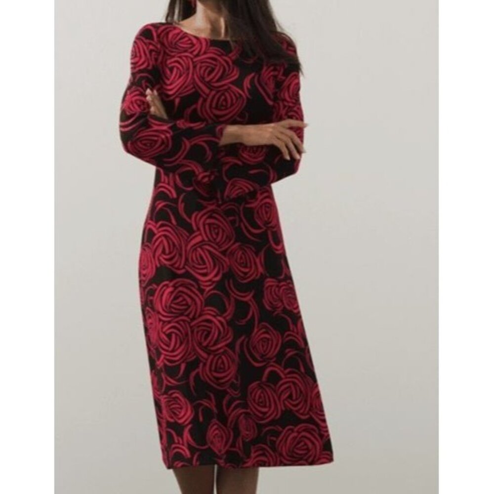 Chicos 0 Red Black Rose Pattern Long Sleeve A Line Dress 4 6 S Slinky Liquid Kn